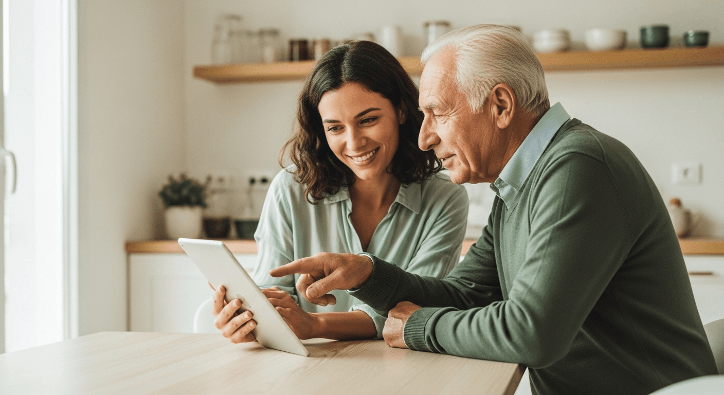 Daughter and father collaborating on health management using Nostra Health tablet in a warm, modern Italian home